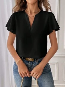 SHEIN Essnce Leisure & Work Commute Women's Summer Solid Color Notch V-Neck Ruffle Short Sleeve Shirt,Short Sleeve Tops - Black - View 5