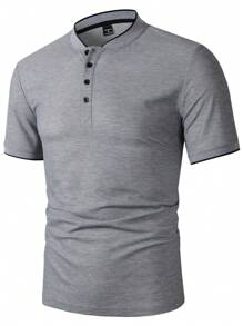 Manfinity Homme Men Summer Casual Contrast Edge Stand Collar Quarter Button Work Short Sleeve Polo Shirt, For Husband & Daddy - Grey - View 3