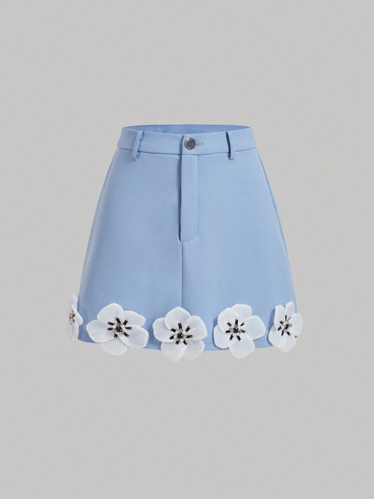 Solid Color 3D Flower Decorated Skirt