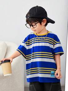 SHEIN Young Boy Casual And Comfortable English Woven Label Striped Short-Sleeved T-Shirt - Multicolor - View 3
