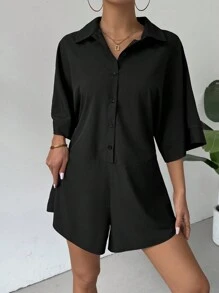 Breezaya Casual Casual Shirt Style Batwing Sleeve Women's Jumpsuit With Wide Leg Shorts - Black - View 3
