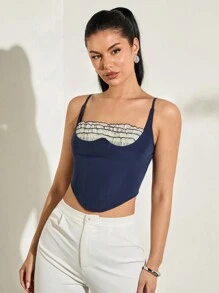 SHEIN BAE Áo cami mùa hè ngọt ngào dành cho nữ, màu xanh đậm, có viền ren tinh tế, cúp xương cá, viền xếp nếp và hoàn hảo cho việc tụ tập và hẹn hò của bạn bè - Màu xanh hải quân - Xem 1