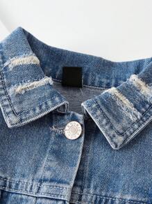 Young Girl Spring New Washed Long Fitting Distressed Denim Jacket, Hip-Length - Light Wash - View 4
