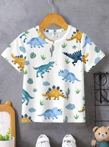 SHEIN Young Boy Casual Simple Dinosaur Cartoon Printed Short Sleeve Round Neck T-Shirt, Summer - White - View 2