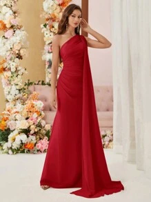 Aureia Solid Color Elegant Asymmetric Neckline Chiffon Bridesmaid Dress With Draped, Wedding Guest Dress Party Dress Formal Dress Evening Dress,Gown - Red - View 4