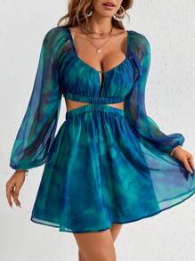 SHEIN VCAY Feiertagskleid mit Batikdruck, Laternenärmeln, Taillenauschnitt und ausgeschnittenem Herzausschnitt für Frauen - Minzgrün - Übersicht 6