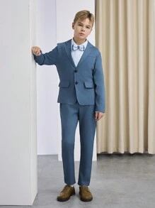 SHEIN 2pcs Tween Boy Gentleman Suit Set: Long Sleeve Lapel Jacket & Trousers, Elegant, For Birthday, Party, Wedding, Banquet, Christmas, Halloween - Blue - View 1
