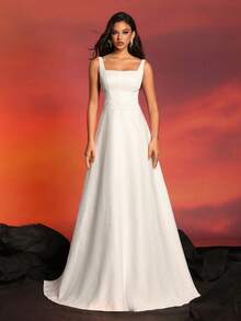 极简主义细肩带方领收腰提花压花细节法式轻婚纱 - 白色 - 查看 8