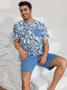 Conjunto de ropa cómoda impresa de moda para hombre para estar en casa y para vestir informal - Azul - Ver 5