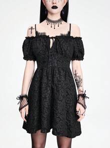 ROMWE Goth 哥德風格露肩蕾絲拼接紋理面料女式泡泡袖連衣裙 - 黑色 - 查看 4