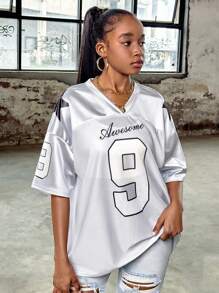 SHEIN Leap Crew Camiseta casual de manga corta con cuello en V para adolescente con ajuste cómodo y parche digital impreso en patchwork - Gris - Ver 4