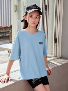 SHEIN Camiseta Casual de Manga Curta e Gola Redonda com Estilo Japonês e Estampa de Letras para Meninas Adolescentes