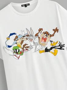 LOONEY TUNES X SHEIN Unisex Neutral White Summer Casual Cartoon Classic Print Short Sleeve Round Neck T-Shirt - White - View 2