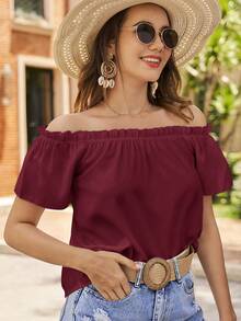 SHEIN VCAY Blusa simple de hombros descubiertos de unicolor para mujer, uso diario - Burdeos - Ver 6