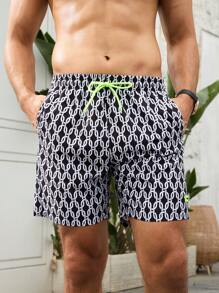 ResortEase Men's Vacation Elastic Waist Beach Shorts With Chain & Floral Pattern - Black - View 7