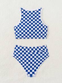 Women's Summer Beach Gingham Round Neck Bikini Set, Random Print - Blue and White - View 2