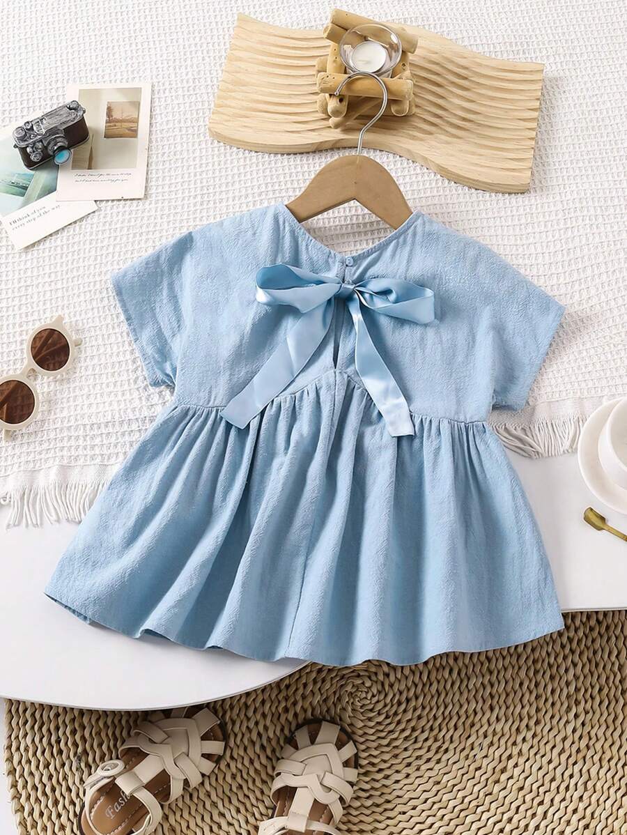 SHEIN LMoss Kids LMoss 年轻女孩 编织纯色宽松休闲圆领衬衫和领结 - 白色 - 查看 1