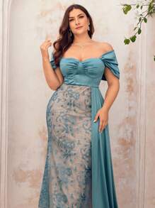 SHEIN Belle 加大码绿灰色奢华亮片网眼拼接露肩不对称下摆优雅重型工作晚会礼服正式舞会婚礼宾客礼服，适合毕业典礼、晚宴 - 薄荷綠 - 查看 6