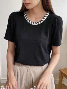 DAZY Color Block Round Neck Short Sleeve Women's T-Shirt With Faux Pocket Decoration