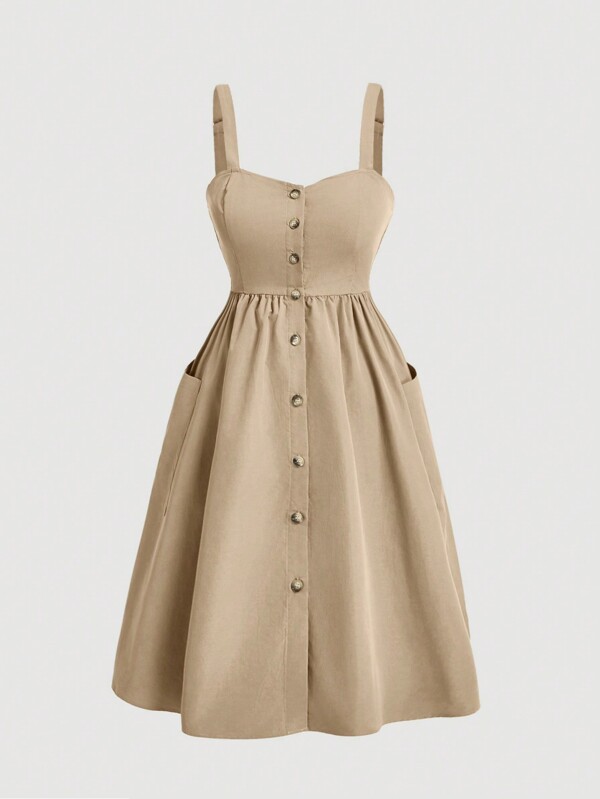 SHEIN MOD Plus Size Women's Solid Color Simple Daily Pocketed Sling Dress,Graduation Dress
