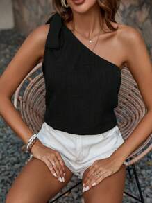 Breezaya Camisa diaria de un solo hombro de unicolor simple para mujer, top asimétrico negro de verano para mujeres