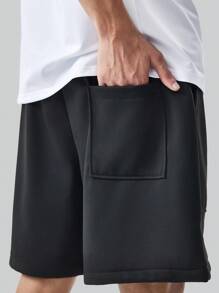 Manfinity Homme Men's Simple Solid Color Wide Pocket Loose Short Going Out Plain Letter Patched Sweat Shorts, For Husband, Boyfriend Gifts