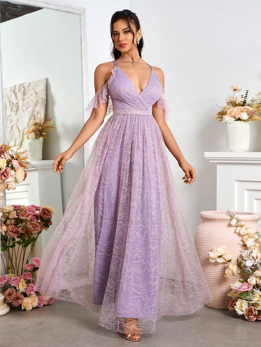 SHEIN Belle Vestido de cóctel sin mangas de encaje con borde de volantes y cuello redondo con diseño cruzado y panel transparente para mujeres (resistente) - Morado - Ver 1