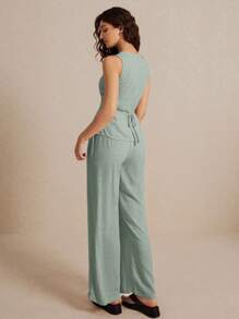 Poéselle Summer   Linen Suit Vest Two-Piece Set Ladies Fashionable Plain Button Contrast Color Sleeveless Top And Trousers Set Wear Comfortable Fabric Breathable Soft Suitable For Commuting Daily Holiday Wear - Mint Green - View 6