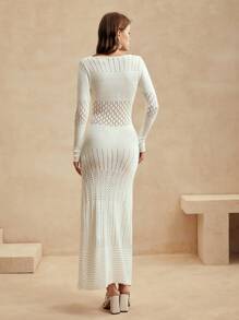 Anewsta Holiday Leisure Solid Color Hollow Out Knitted Fish Tail Long Cover Up Dress For Summer Beach Vacation