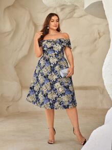 SHEIN Belle Plus Size Nữ Cao Cấp Vàng Lụa Màu Đàn Organ Dạ Nỉ Lệch Vai 3D Hoa Trang Trí Thanh Lịch Đầm Cocktail - Nhiều màu - Xem 5