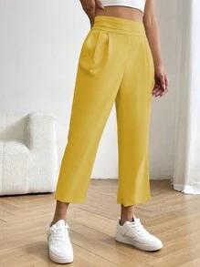 SHEIN LUNE Women's Solid Color Simple Daily Trousers - Yellow - View 3