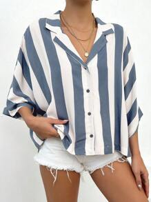 RueChic Của phụ nữ Sọc tay cánh Áo sơ mi - Xám - Xem 4