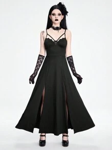 ROMWE Dark Gothic Vampire Style Bat Wing Asymmetrical Collar Bodycon Dress With High Slit For Women - Black - View 1
