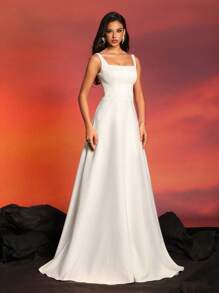 极简主义细肩带方领收腰提花压花细节法式轻婚纱 - 白色 - 查看 5