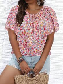 SHEIN Holidaya 大尺碼假日休閒短袖襯衫，印有小花卉圖案 - 白色 - 查看 1