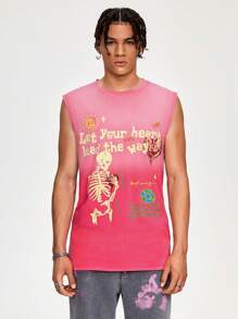 ROMWE MEN Street Life Men's Summer Round Neck Sleeveless Casual Tank Top With Slogan & Skull Print, Washed Style - Pink - View 3