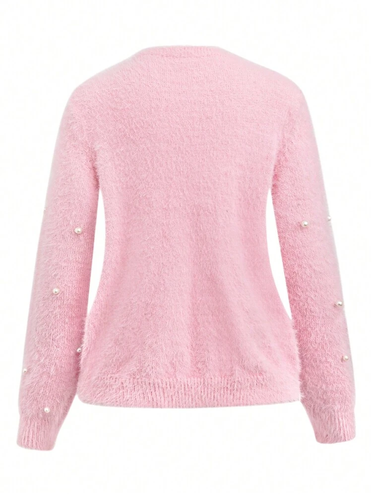 Women's Faux Pearl Beaded Half Zipper Sweater, Knit Pullover Fall Winter
