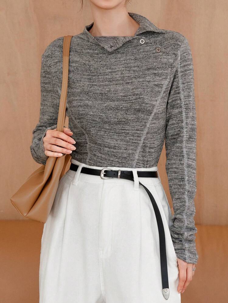 Space Dye Mock Neck Tee Long Sleeve Women Tops Turtleneck Women