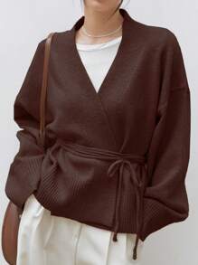 DAZY 落肩束腰針織開衫 - 摩卡棕 - 查看 1