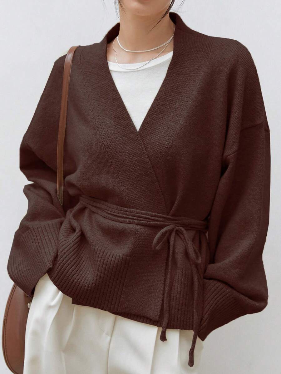 DAZY 落肩束腰針織開衫 - 摩卡棕 - 查看 1