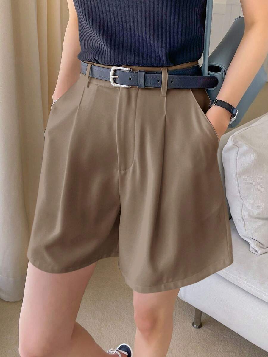DAZY Quần short màu trơn đơn giản hàng ngày dành cho nữ - Màu Khaki - Xem 1