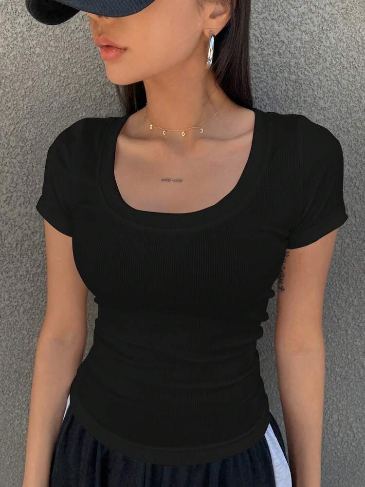 Solid Color Round Neck Slim Short Sleeve Women's T-Shirt Summer