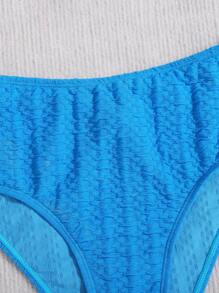 SHEIN Teen Girls Crochet Jacquard Bow Tie Top And Triangle Tankini Swimwear Set - Blue - View 4