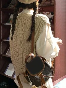 Solid Color Front Button Decor Pocket Textured Knit Cardigan Vest - Apricot - View 2