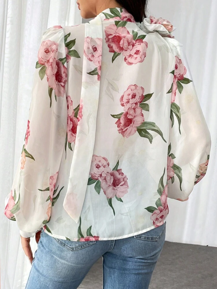 Ladies' 3D Flower Romantic Chiffon See-Through Long Sleeve Shirt, Valentine's Day