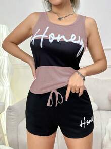 Slogan Printed Color-Block Vest & Shorts Pajama Set