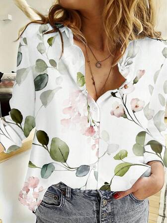 Spring And Autumn New European And American Casual Casual Long Sleeve Flower Print Shirt