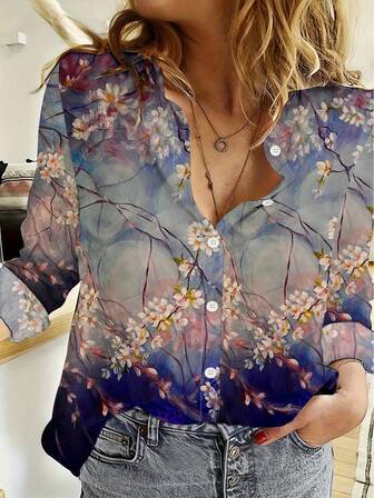 2025 Damen Lässig Loose Floral Langarm Bluse, europäischer und amerikanischer Stil, Frühling/Herbst