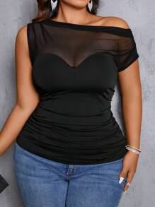 Allurite Plus Size Women's Summer Mesh Splicing Solid Color Asymmetric Neckline Slim Fit Top
