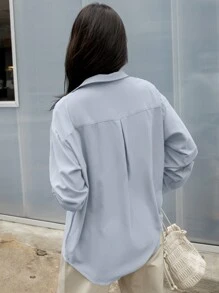 DAZY 1 件纯色长袖衬衫，商务休闲风格，秋季，返校服装，秋季女装 - 藍色 - 查看 2